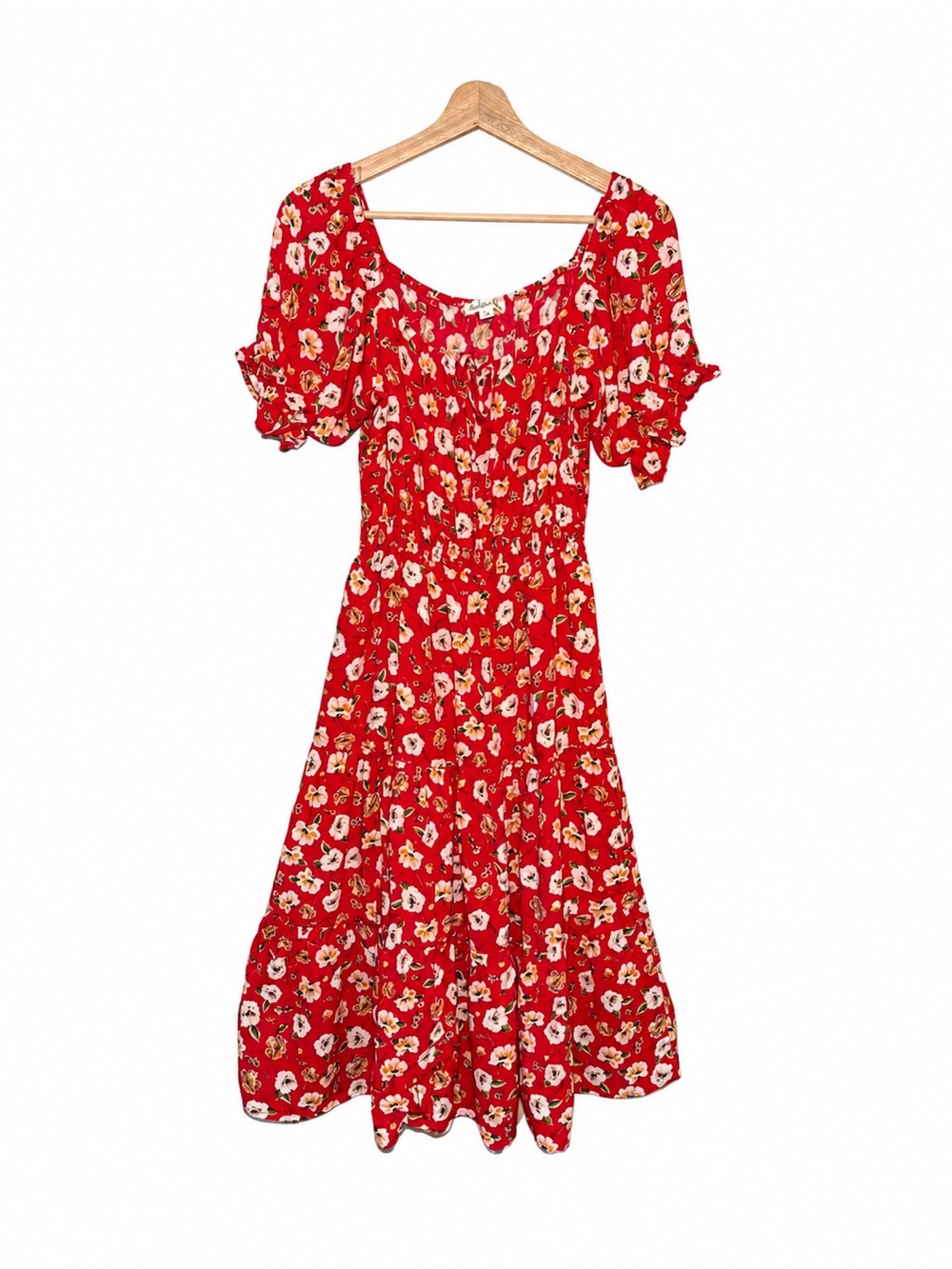 Red Floral Midi Dress Puff Sleeve Scoop Neck Fit Flare Cottagecore Boho Romantic - Picture 2 of 12